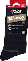 Svart merinoullsocka från Jalas med etikett som visar märkets logga, storlek och texten "Warm Wool Sock".