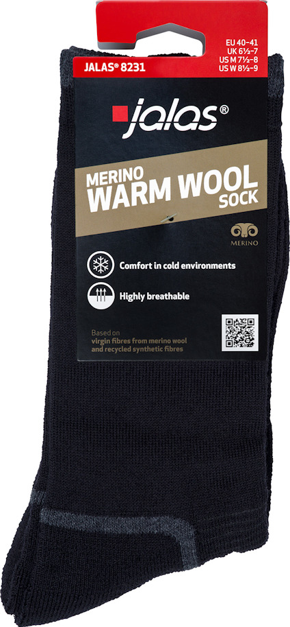 Svart merinoullsocka från Jalas med etikett som visar märkets logga, storlek och texten "Warm Wool Sock".