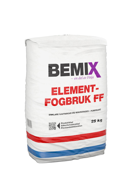Vit förpackning med texten "BEMIX ELEMENT-FOGBRUK FF 25 KG" i svart, rött och blått.