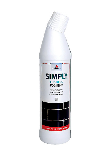 Vit flaska med etiketten "SIMPLY FUG RENS FOG RENT" och en röd logo, texten ”Quality in every drop”.