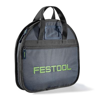 Mörkblå väska med handtag och gröna texten "FESTOOL" framtill, avsedd för förvaring av sågklingor.