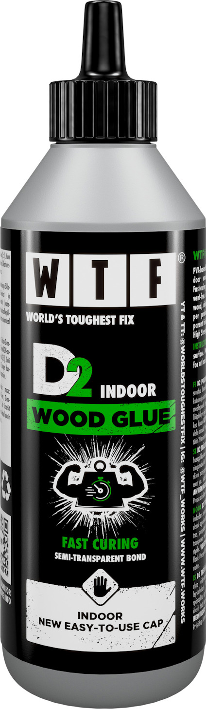 Flaska med trälim, märkt "WTF World's Toughest Fix D2 Indoor Wood Glue". Text: "Fast Curing", "New Easy-to-Use Cap".