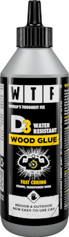 Flaska med "WTF World’s Toughest Fix D3 Water Resistant Wood Glue". Svart etikett, text i vitt och gult.