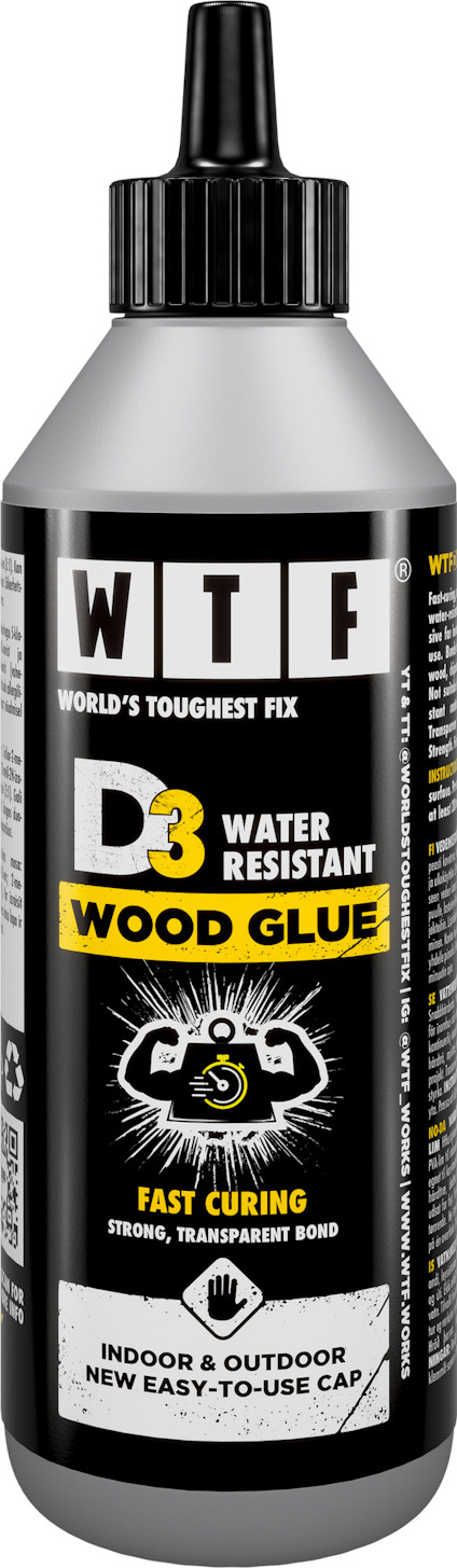 Flaska med "WTF World’s Toughest Fix D3 Water Resistant Wood Glue". Svart etikett, text i vitt och gult.