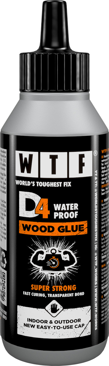 Flaska märkt "WTF World's Toughest Fix D4 Waterproof Wood Glue", svart kork, text i vitt och orange.