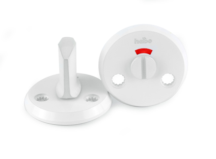 Vita, runda WC-beslag med vred, inklusive skruvhål och indikator för röd färg när låst.