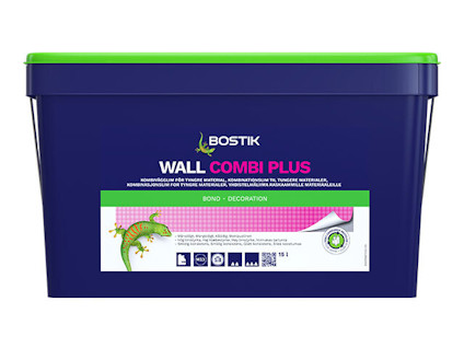 Rektangulär blå plastbehållare med grön lock och etikett med texten "Bostik Wall Combi Plus".