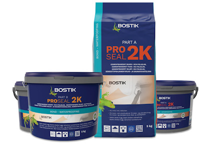 Bostik Pro Seal 2K-produkter, blå och orange förpackningar med lock, används för tätning och vattentätning.