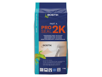 Förpackning med Bostik Pro Seal 2K, Part A, i blå och orange färg, innehåller 5 kg.