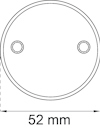 En cirkel med två skruvhål inuti och texten "52 mm" under.