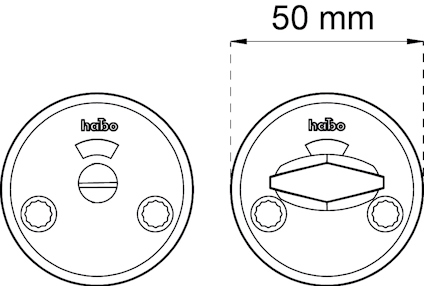 Ritning av dörrstopp med märkning "habo", diameter 50 mm, två versioner av modellen.