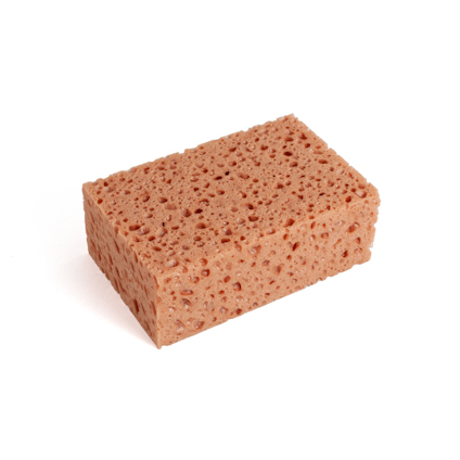 Brun rektangulär svamp med porös yta mot vit bakgrund.