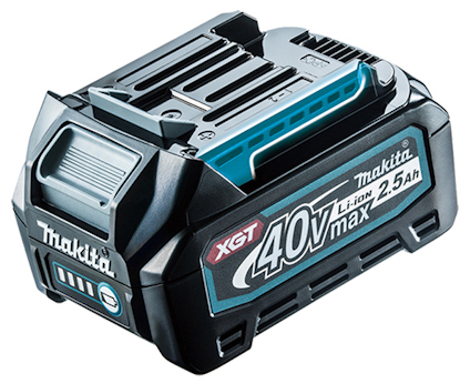Svart och blått Makita 40V batteri, modell BL4025 2,5Ah, med märkningar och text på sidan.