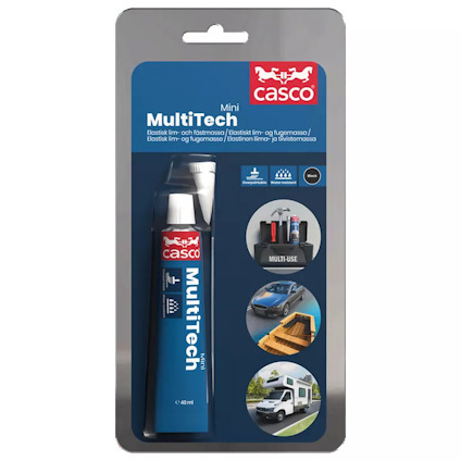 Förpackning med Casco MultiTech mini elastisk lim och fogmassa, 40 ml.
