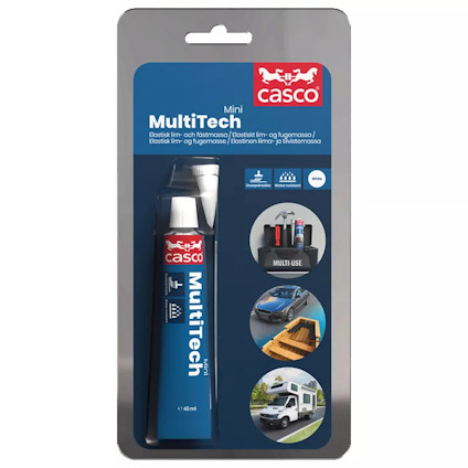 Förpackning med Casco MultiTech Mini på blisterkort. Innehåller en röd limtub och en applikator.