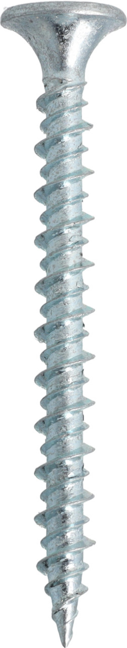 En metallskruv med vass spets och spiralformad gänga, silverfärgad.