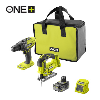 Sladdlös borrmaskin, sticksåg, batteriladdare, batteri och förvaringsväska från Ryobi ONE+ serien.