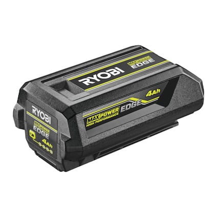 Ryobi-batteri med texten "Maxpower Edge 4Ah" och "High Performance" på sidan.