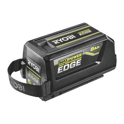 Svart batteri med text "RYOBI MAXPOWER HIGH PERFORMANCE EDGE 8Ah" och ett handtag på sidan.