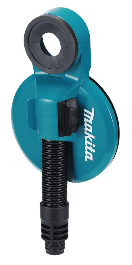 Blå dammuppsamlare med svart rör och texten "Makita" i vitt på sidan.