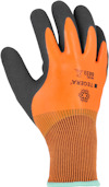 Arbetsvante i orange och svart med gummerad yta och ribbad mudd. Text: "TEGERA MODEL 883".