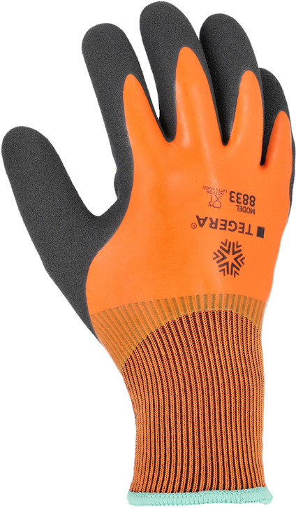 Arbetsvante i orange och svart med gummerad yta och ribbad mudd. Text: "TEGERA MODEL 883".
