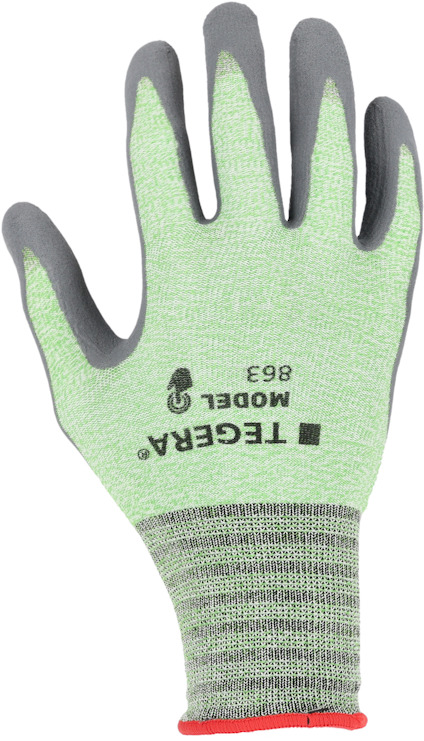 Grön och grå handske med texten "TEGERA MODEL 863".