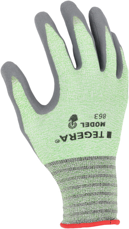 Grön och grå arbetshandske med texten "TEGERA MODEL 863".