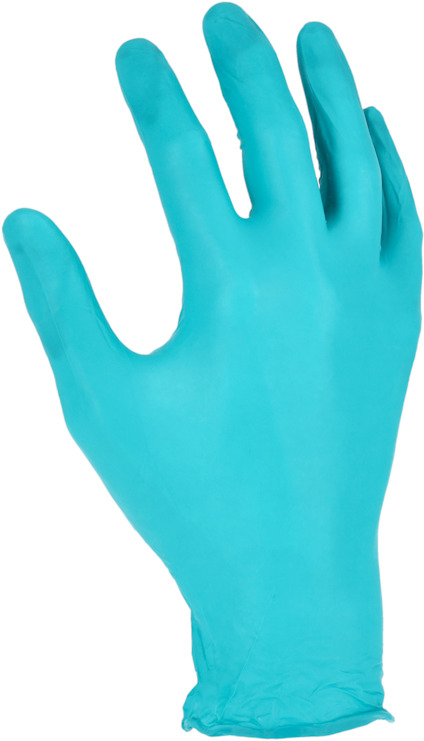 Blå engångshandske i nitril i öppen handposition.