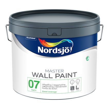 Hink med Nordjsö Master väggfärg, matt vit, med handtag och produktinformation på etiketten.