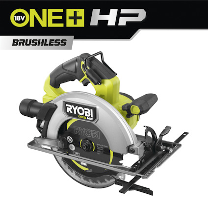Cirkelsåg av märket Ryobi ONE+ HP med handtag, metallklinga och märkningen "18V Brushless".