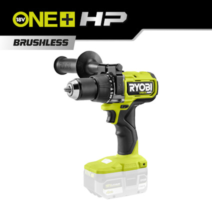 18V Ryobi One+ borro med handtag och borstlös motor, svart och grön design, text "BRUSHLESS".