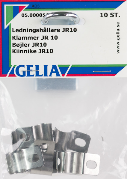 Förpackning med 10 st ledningshållare JR10 i silverfärg, märkt på svenska, norska, danska och finska.