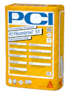 Förpackning av PCI Flexmörtel S1 i gul säck med instruktioner och logotyper.