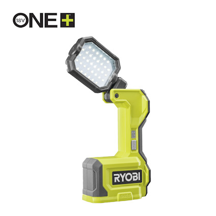 18V Ryobi One+ arbetslampa i gult och svart med LED-panel och vridbart huvud.