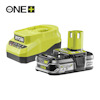 Batteripaket från Ryobi med laddstation och litiumbatteri i svarta och gröna färger, märkta med "ONE+" och "18V".