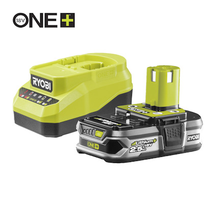 Batteripaket från Ryobi med laddstation och litiumbatteri i svarta och gröna färger, märkta med "ONE+" och "18V".