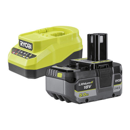 Laddare och batteri från Ryobi med märkning "Lithium+ 18V 5.0Ah".
