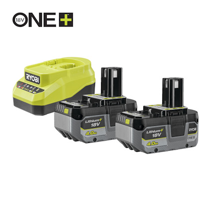 Batteriladdare och två 18V litiumjonbatterier med Ryobi-logotyp och texten "ONE+".