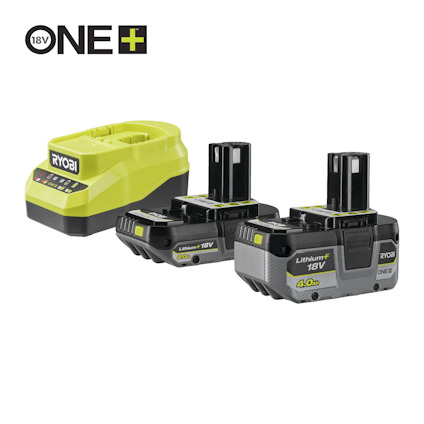 Laddare och två litiumjoner 18V-batterier från Ryobi.