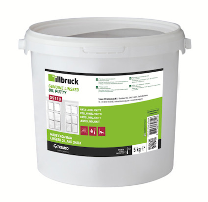 Vit hink med lock märkt "illbruck Genuine Linseed Oil Putty OS110" och etikett med detaljerad produktinformation.