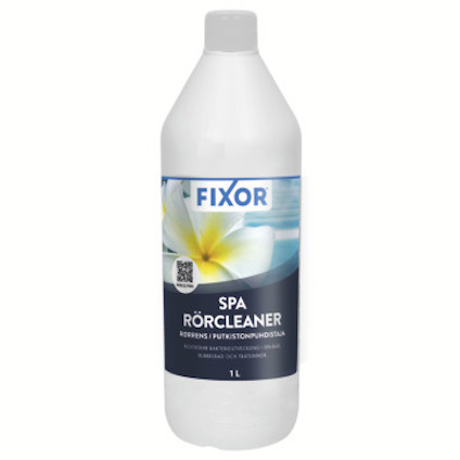 Plastflaska med etikett "Fixor Spa RÖRCLEANER" och bild på gul vit blomma, 1 liter.