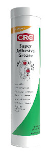 Vit cylinderformad förpackning med etikett märkt "CRC Super Adhesive Grease" och illustration av en slang med droppar.