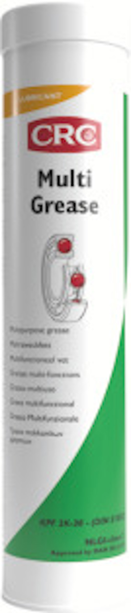 Cylinderformad behållare av CRC Multi Grease, med text på flera språk och produktlogotyp.
