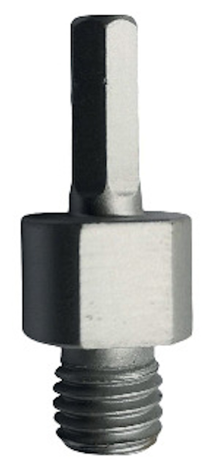 Metallisk adapter med hex-fäste och gängad del i silverfärg.