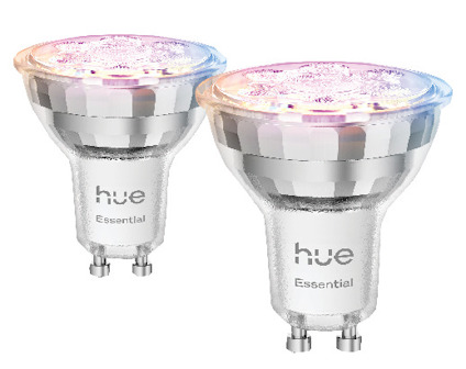Två LED-spotlights med märket "hue Essential", med synliga GU10-kontakter och ljus ovanpå.