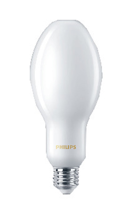 Vit glödlampa med märket Philips på basen och metallskruv för sockel.