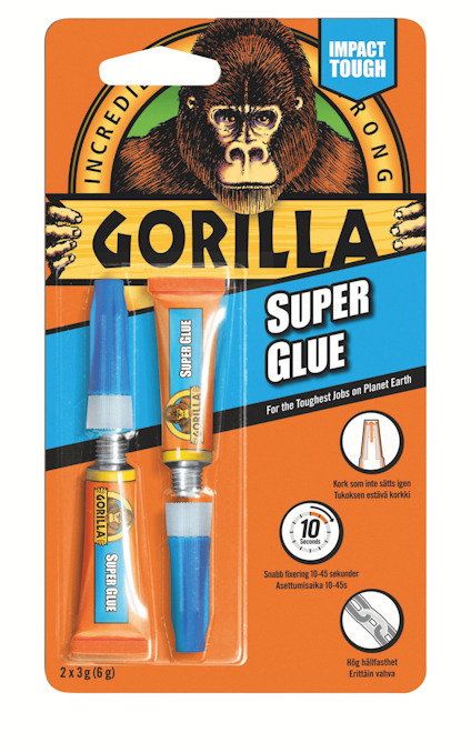 Förpackning med två tuber Gorilla Super Glue, märkta "Impact Tough".