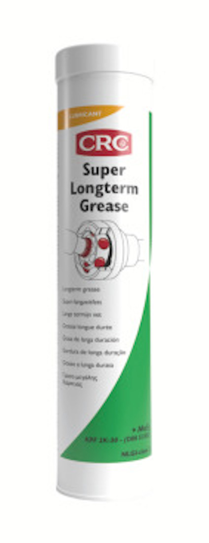 Cylinderformad behållare med etiketten "CRC Super Longterm Grease" och illustration av en kugghjul.