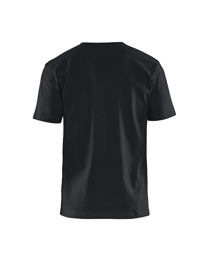 Svart t-shirt sedd bakifrån mot vit bakgrund.